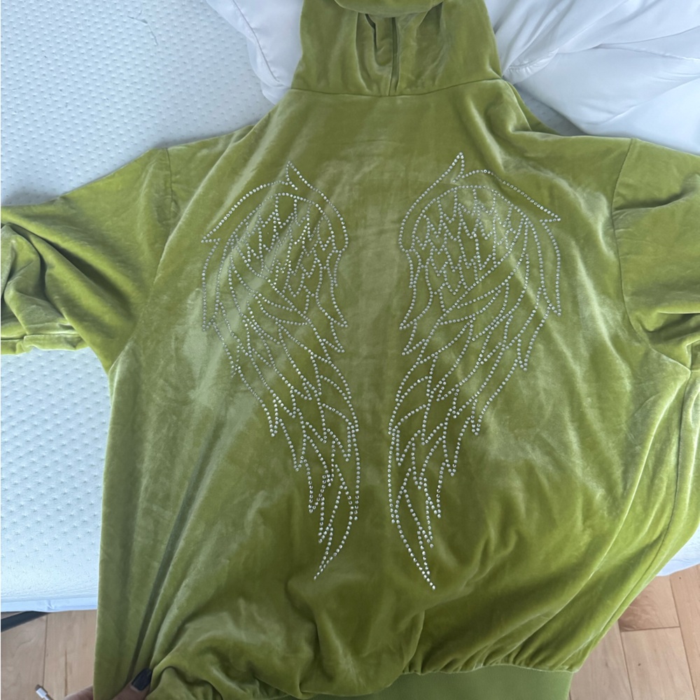 I am Gia Green Hoodie with Rhinestone Angel Wings